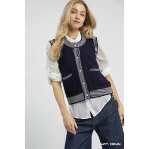 Contrast Striped Trim Button-Down Sweater Vest